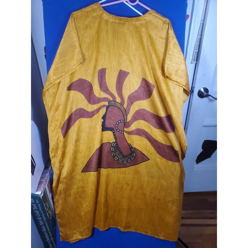 Vintage African Essence Kaftan Dress Womens One Size Yellow Afrocentric Graphic - Picture 9 of 14